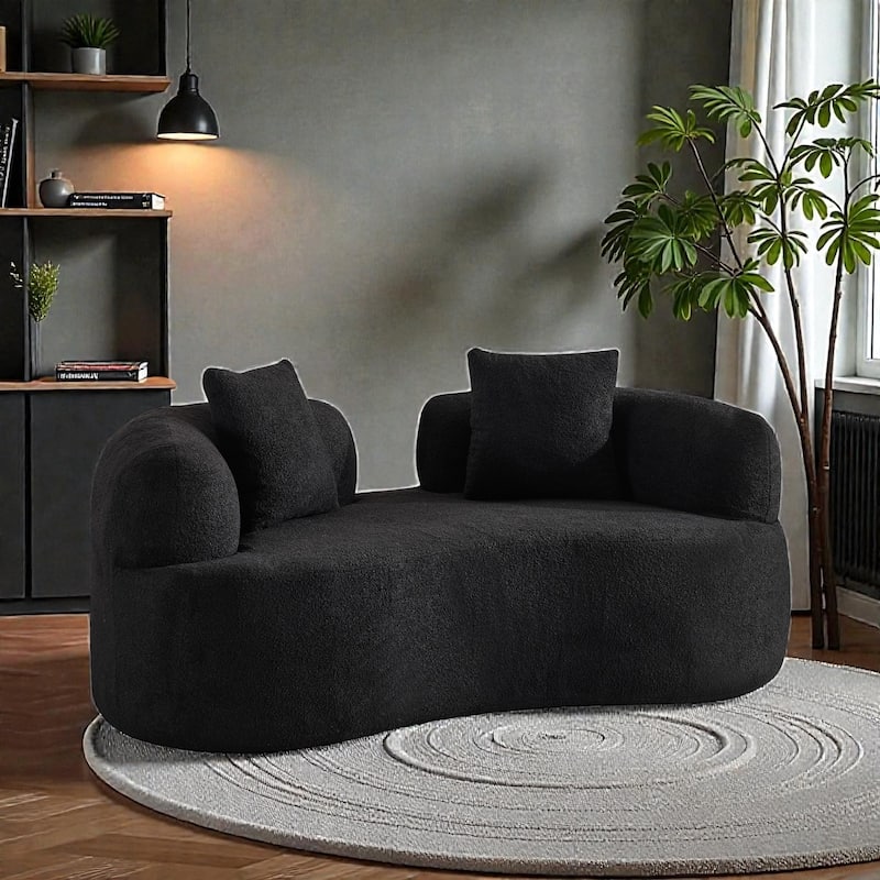 66.93 Inch Curved Loveseat Compression Sofa, Teddy Velvet No Assembly Couch for Small Spaces Apartments - Black