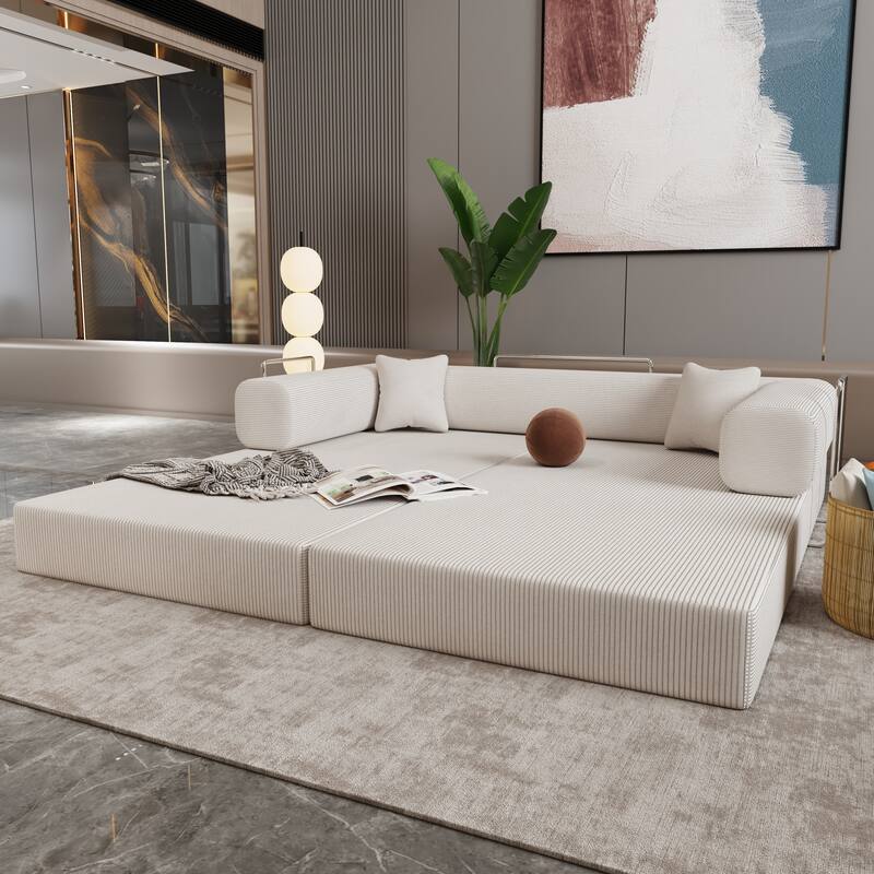 Beige Corduroy and Foam Double Sofa Bed with High - Elasticity Sponge and Soft Pillows