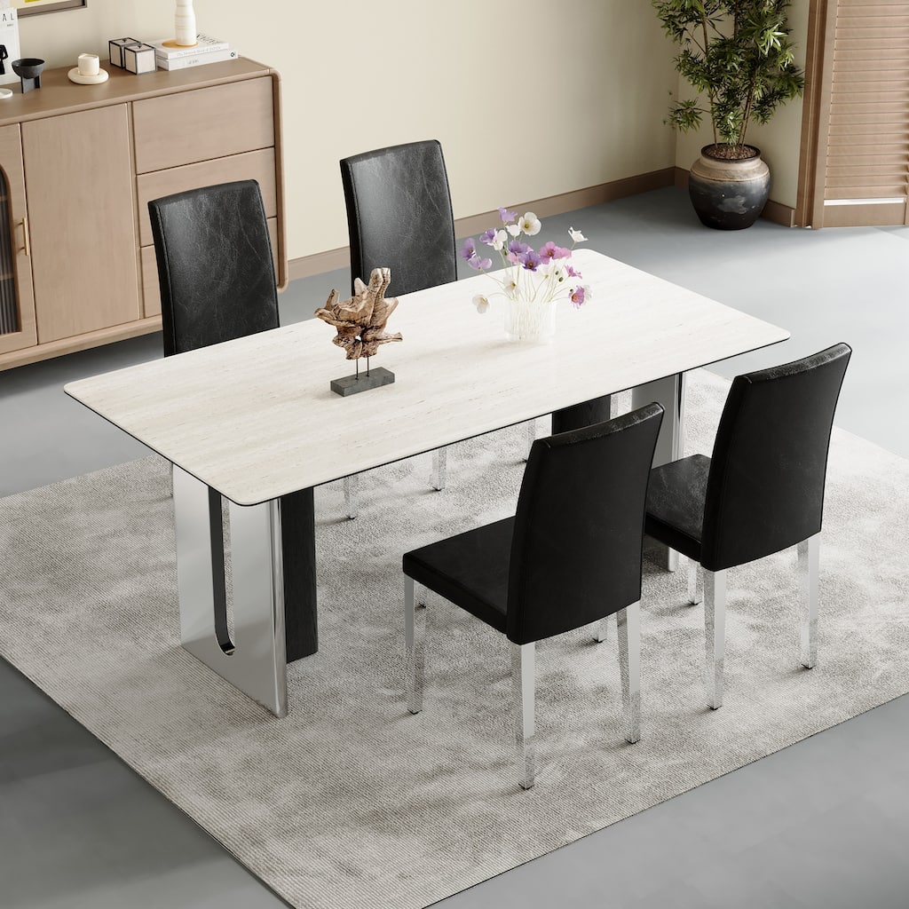 Modern Minimalist Dining Chair, PU Backrest Chair with Ergonomic Design and Silver Metal Legs, for Dining Room, 4-Piece Set