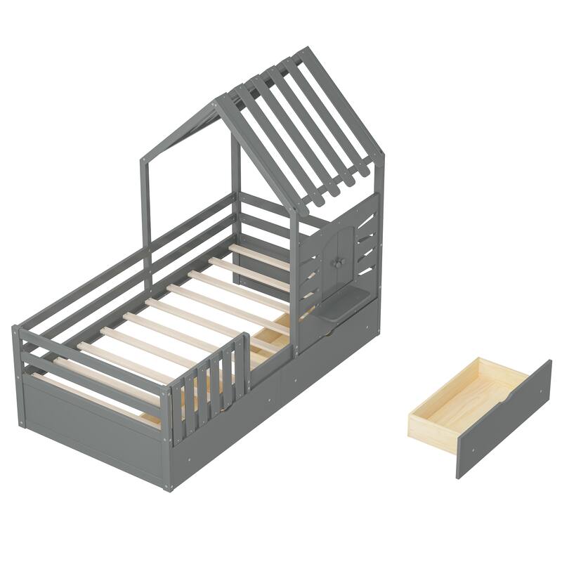 Twin Size House Bed with Guardrails, Storage Drawers, Roof, and Window Design