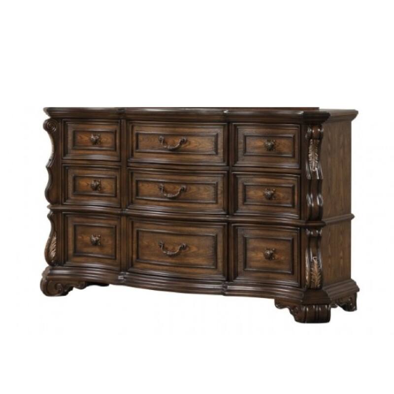 Leova Wide Dresser, 9 Drawers, Ornate Molding, Brown Asian Hardwood
