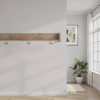 Olia Wall Mounted Coat Rack, 3 Hooks and Shelf, Light Dry Brown Wood