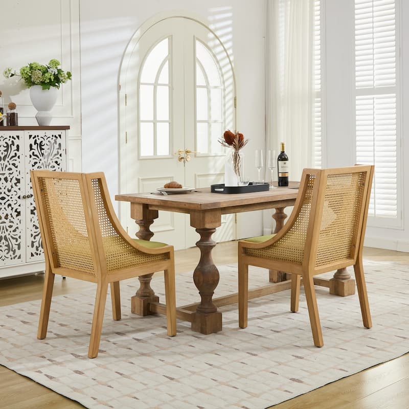 GDF Studio - Charlotte Rustic Rattan Dining Chair with Decorative Armrests and Linen Upholstery
