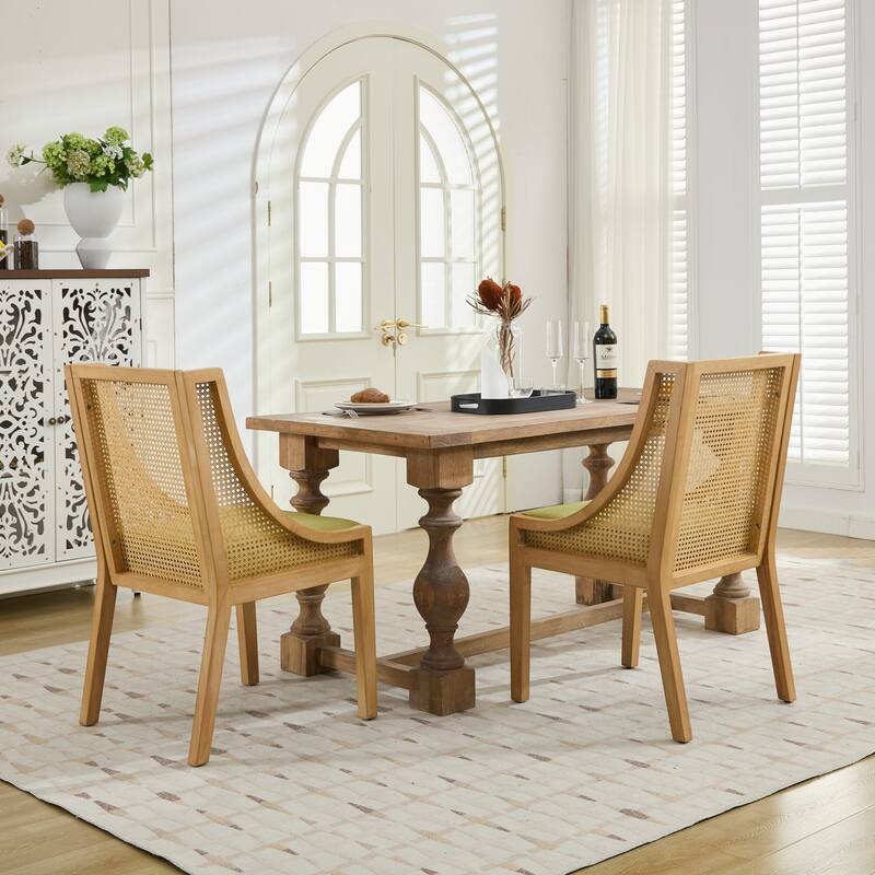 Rattan Dining Chairs, Solid Wood Frame Chairs with Armrests, Linen Upholstered Kitchen Chairs, Rustic Wooden Side Chairs