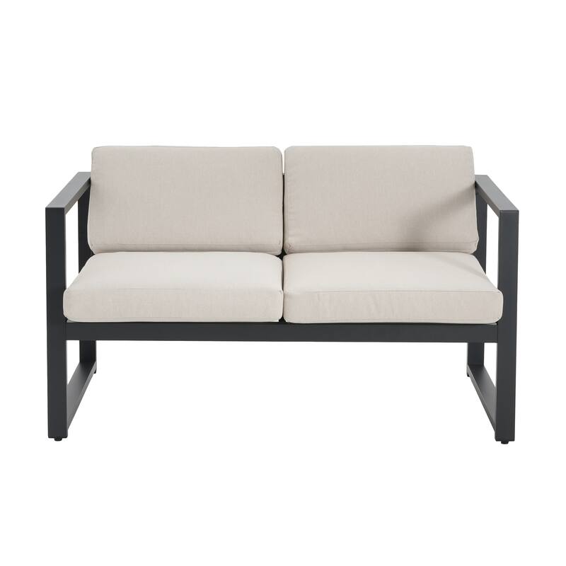 Roomfitters Outdoor Chat Set 4 Piece Aluminum Frame Cushioned Seating Coffee Table, Black Beige