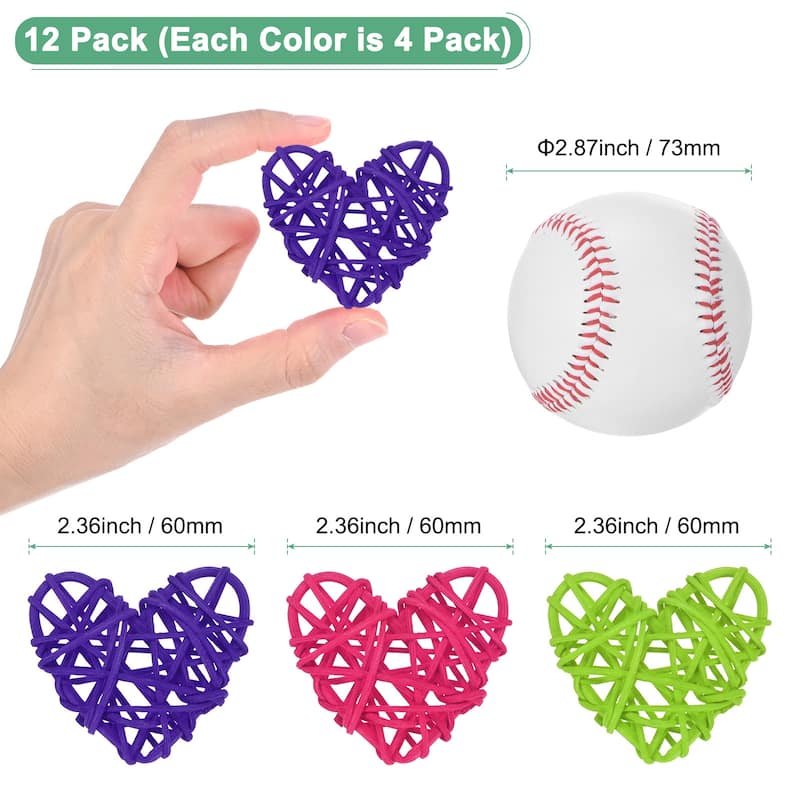 12-Pack Heart Wicker Rattan Balls 2.4Inch for DIY - Dark Purple, Rose Red, Light Green