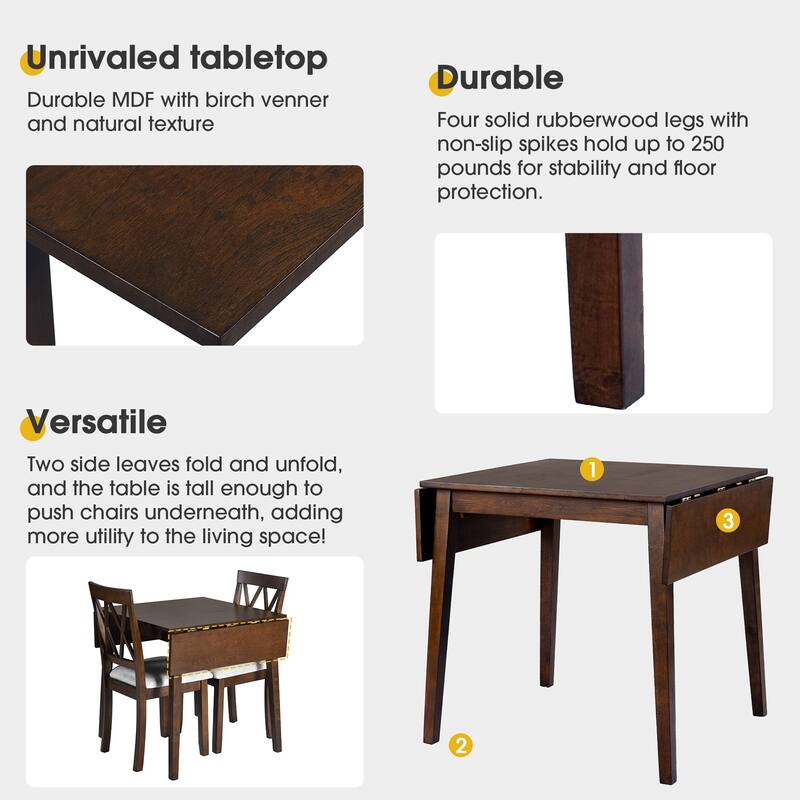 3 Piece Kitchen Dining Set, Small Breakfast Nook Dining Set with Drop Leaf Dining Table and 2 Dining Upholstered Chairs