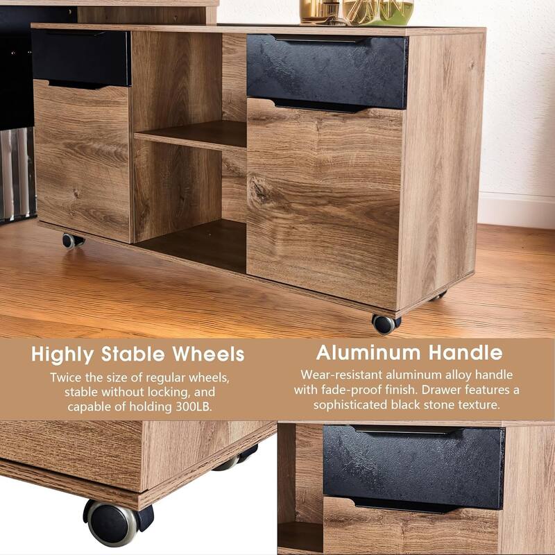 WESOME L-shaped Executive Office Desk with 2 Drawers 4 Wheels File Cabinets Cable Management