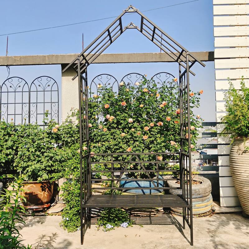 Anmytek Black Metal Garden Arch with Bench and Flower Stand for Climbing Plants Rose Arbor