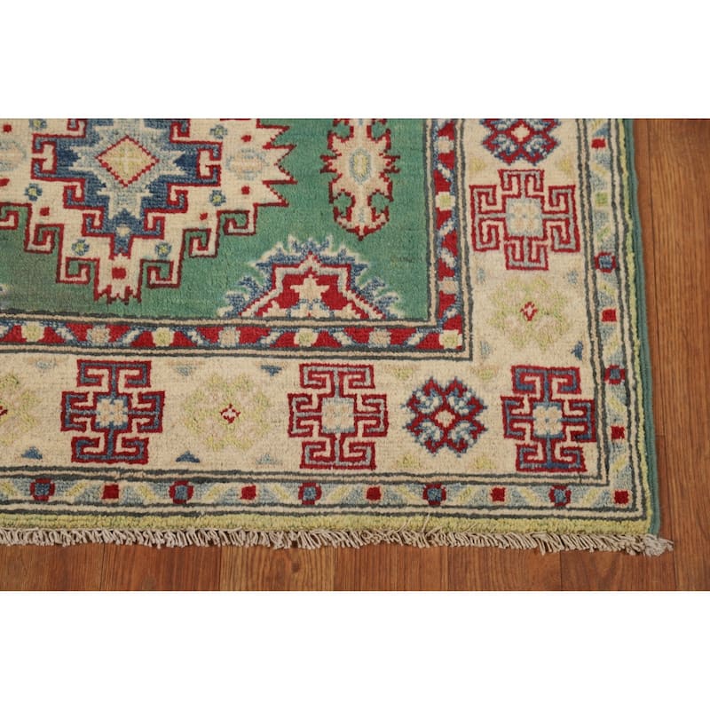 Green Kazak Foyer Rug Handmade Geometric Wool Carpet - 2'8"x 3'9"