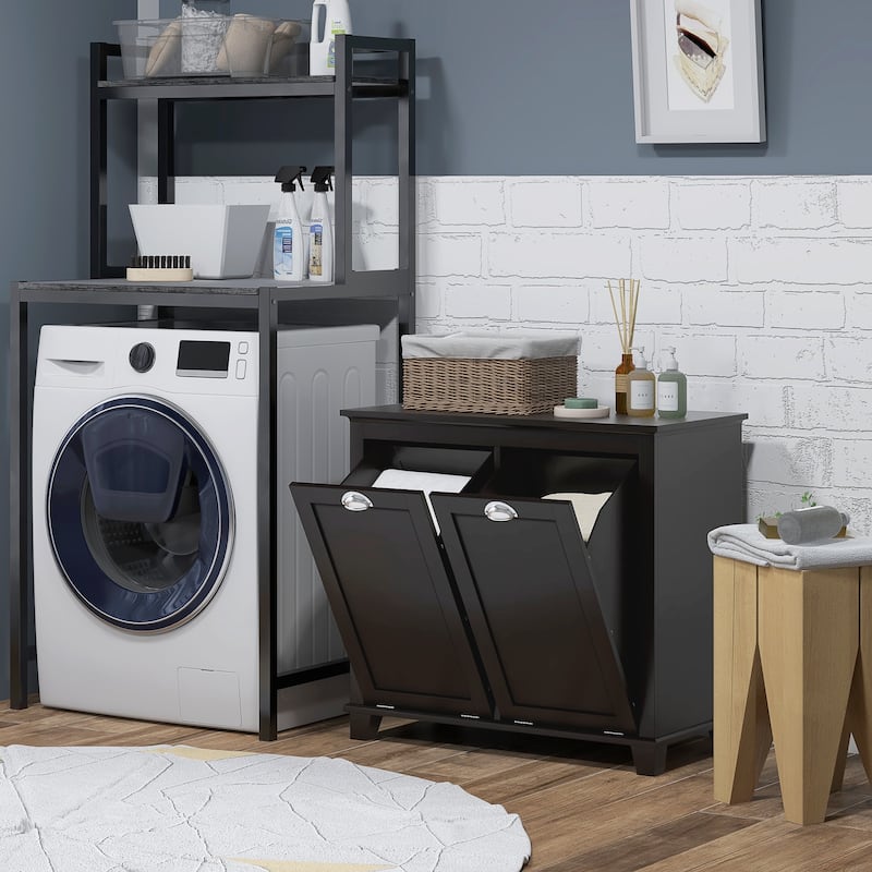 Black Tilt-Out Laundry Hamper Bathroom Storage Cabinet for Clothes, Minimalist Floor Corner Cabinet with Handles