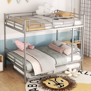 Full Over Full Iron Bunk Bed with Trundle, Silver