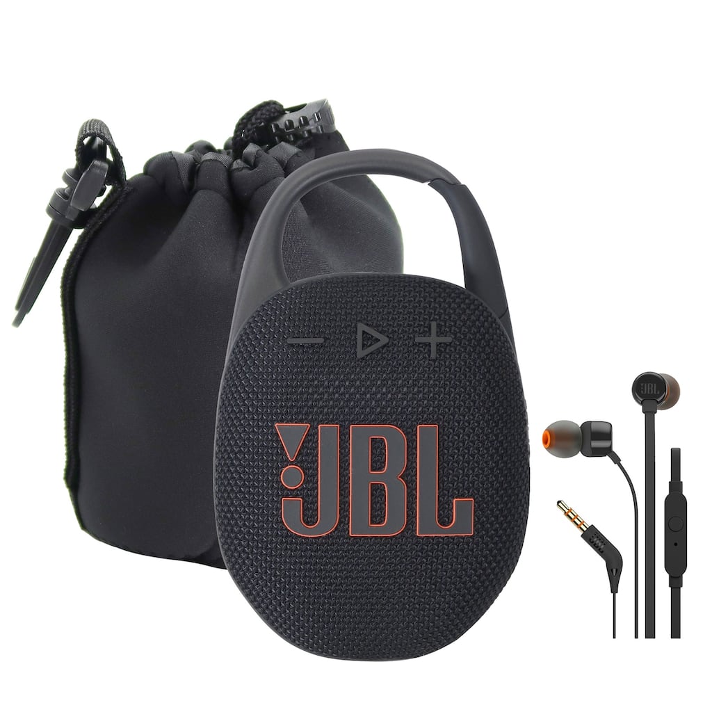 JBL Clip 5 Portable Waterproof Dustproof Wireless Speaker Black + Waterproof Neoprene Medium Lens Pouch + JBL in Ear Headphones