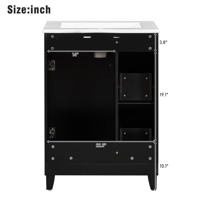 24" Bathroom Vanity Cabinet with Ceramic Sink & 2 Drawers, Bathroom Storage Cabinet Free-standing Single Sink Cabinet, Black