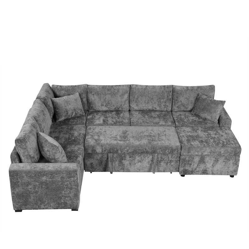 112.2" L-Shaped 6-Seat Sectional Sofa with Pull-Out Bed, Storage Ottoman, 3 Back Pillows, and USB Charging Ports