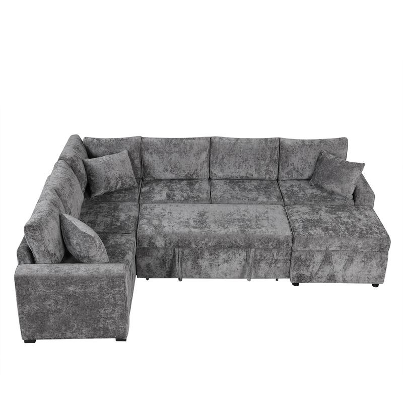 112.2" Sectional Sofa Pull-out Sofa Bed Sleeper with a Storage Ottoman,Three Pillows and Charging Devices for Living Room, Cream