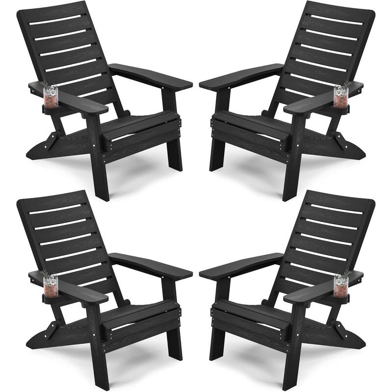 WINSOON HIPS Folding Adirondack Chairs with Arc Back & Cup Holder Set Of 4 - Black