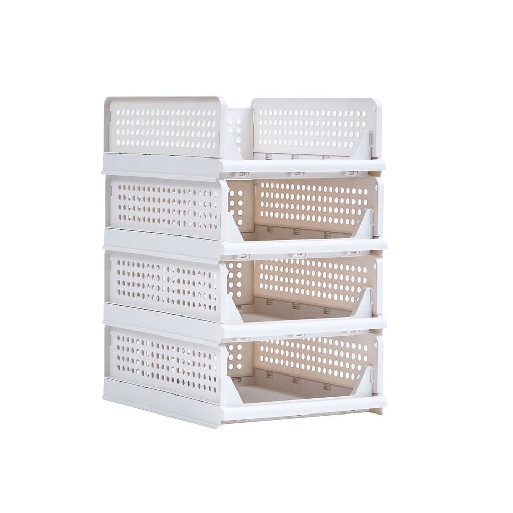 Javlergo 4 Pack Stackable Plastic Storage Basket M-Size Foldable Closet Organizers and Storage Bins Drawer Shelf - 4-Tier