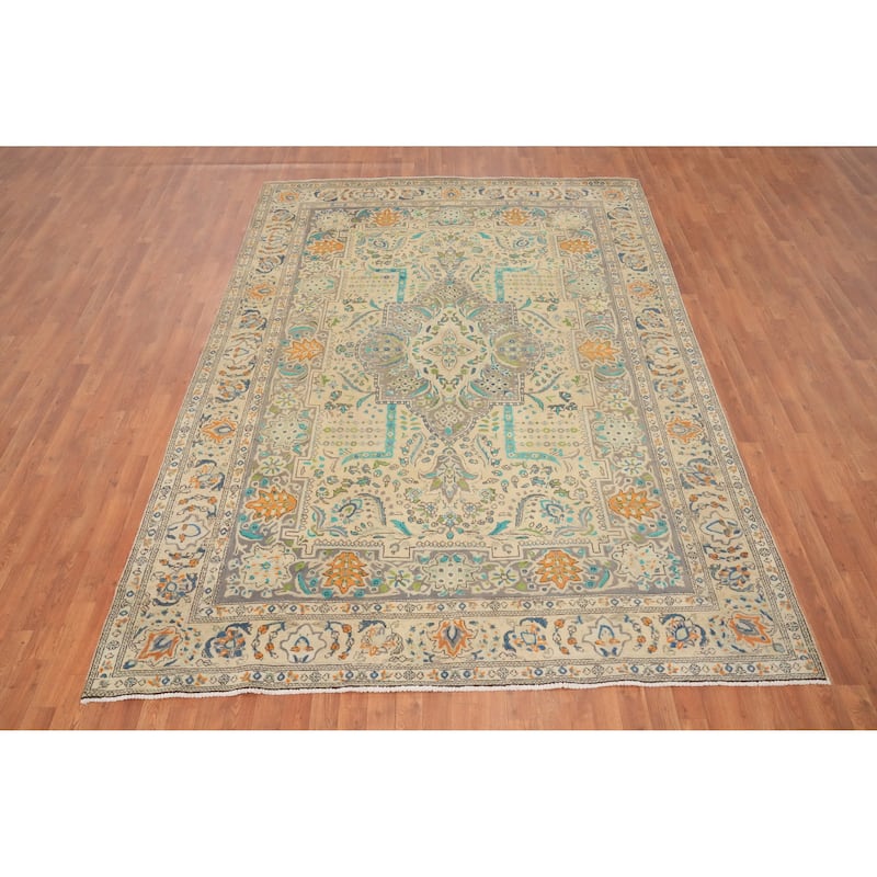 Hand Knotted Oriental 100% Wool Carpet Traditional Floral Beige & Ivories Tabriz Area Rug - 10' 5'' X 7' 5''
