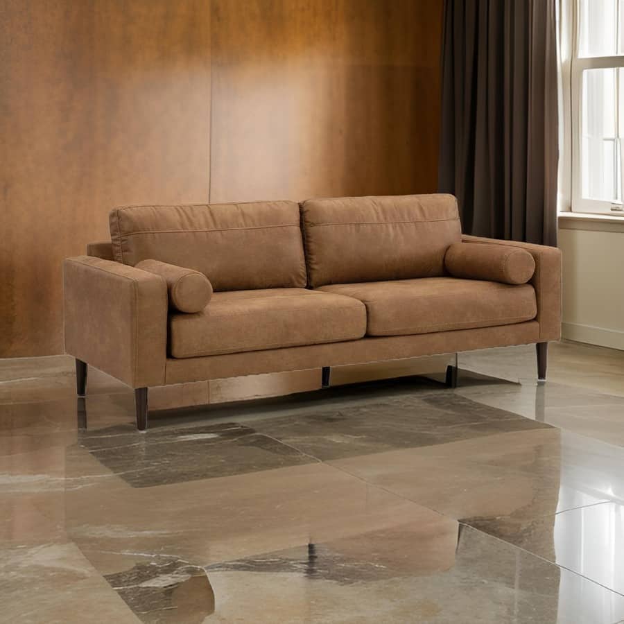 Tely 85 Inch Sofa, Transitional Style, Soft Caramel Brown Faux Leather