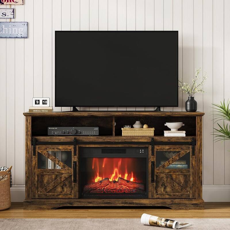 Farmhouse Electric Fireplace TV Stand Entertainment Center for Living Room, Brown - Brown