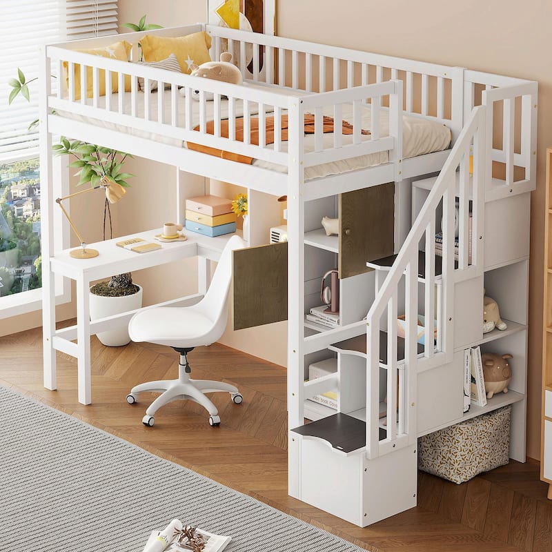 Wooden Twin Loft Bed with Built-in Desk, LED Lights, Storage Shelves, Cabinets & Staircase