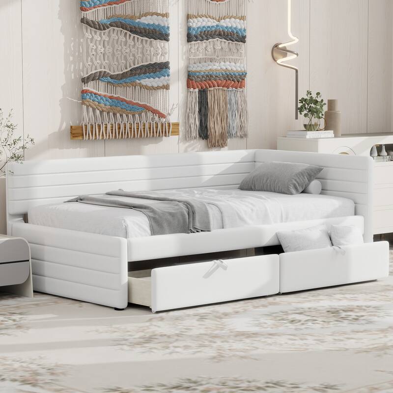 Twin Size Upholstered Daybed with Roll-Out Trundle, Space-Saving Wooden Frame, No Box Spring Needed