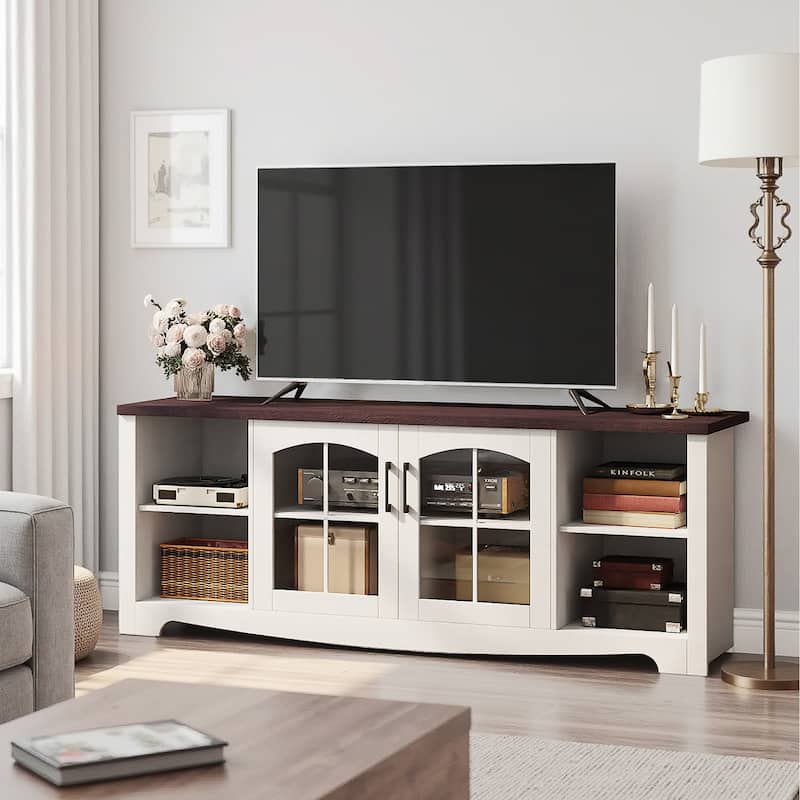 EROMMY Solid Wood TV Stand, Modern Entertainment Center with Glass Doors & Adjustable Shelves.