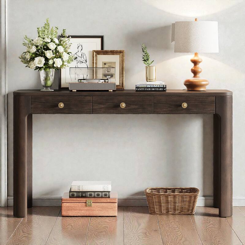 Rustic Console Table with Curved Corners, 3 Concealed Drawers & Thick Wood Legs, Entryway Sofa Table for Hallway & Living Room - Espresso