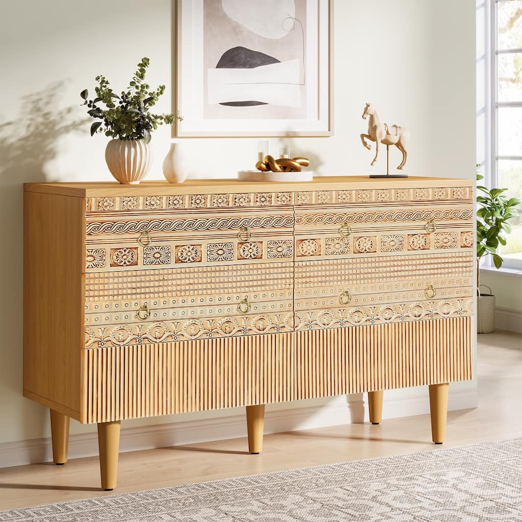 47-Inch Boho Accent Dresser, Double Wide Chest of Drawers with 6 Carved Drawers
