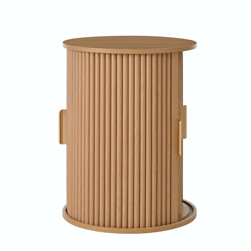 Mid-Century Coffee Table Set with Sliding Tambour Door - Round Fluted End Table with Storage