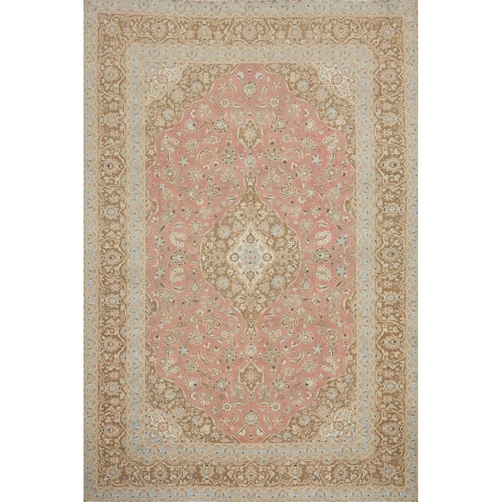Hand Knotted Oriental 100% Wool Carpet Traditional Floral Pink Kashan Area Rug - 12' 11'' X 9' 7''