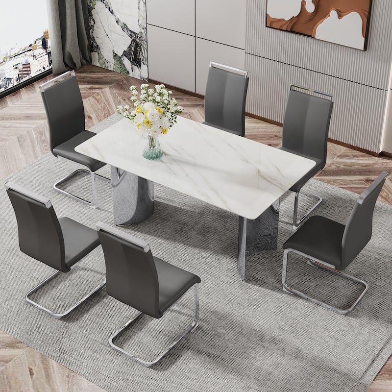 Modern Marble Glass Dining Set with Stainless Steel Legs & PU Chairs
