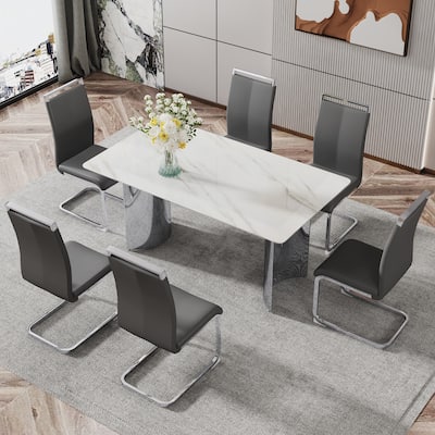 Modern Marble Glass Dining Set with Stainless Steel Legs & PU Chairs
