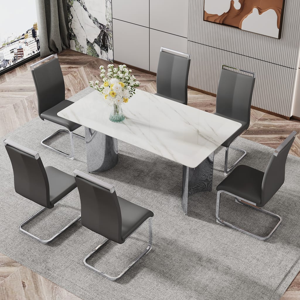 Modern Marble Glass Dining Set with Stainless Steel Legs & PU Chairs