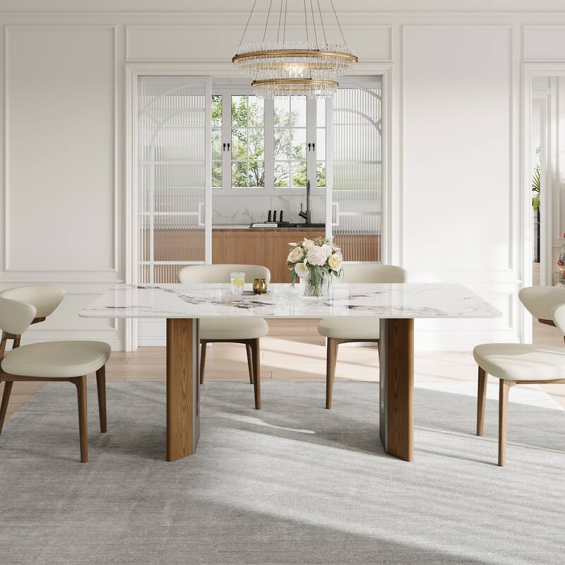 63" Modern Retangular Dining Table With Glossy White Sintered Stone Table Top, Kitchen Table With Stainless Steel Legs For 6