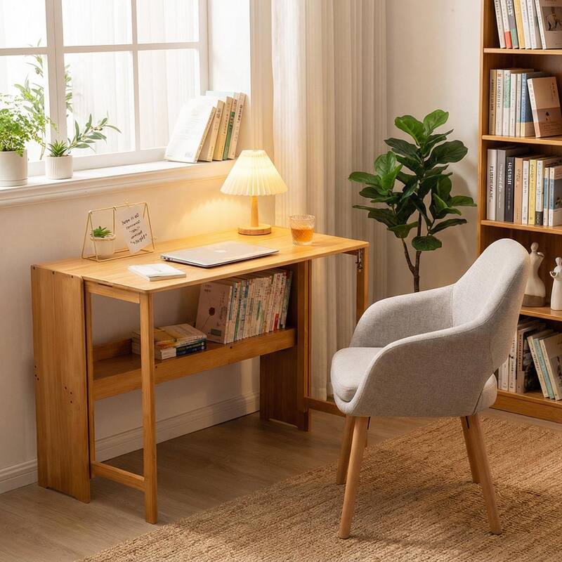 Bamboo Folding Desk, Space-Saving Foldable Computer Desk with Storage Shelf for Home Office, Dorm or Small Spaces