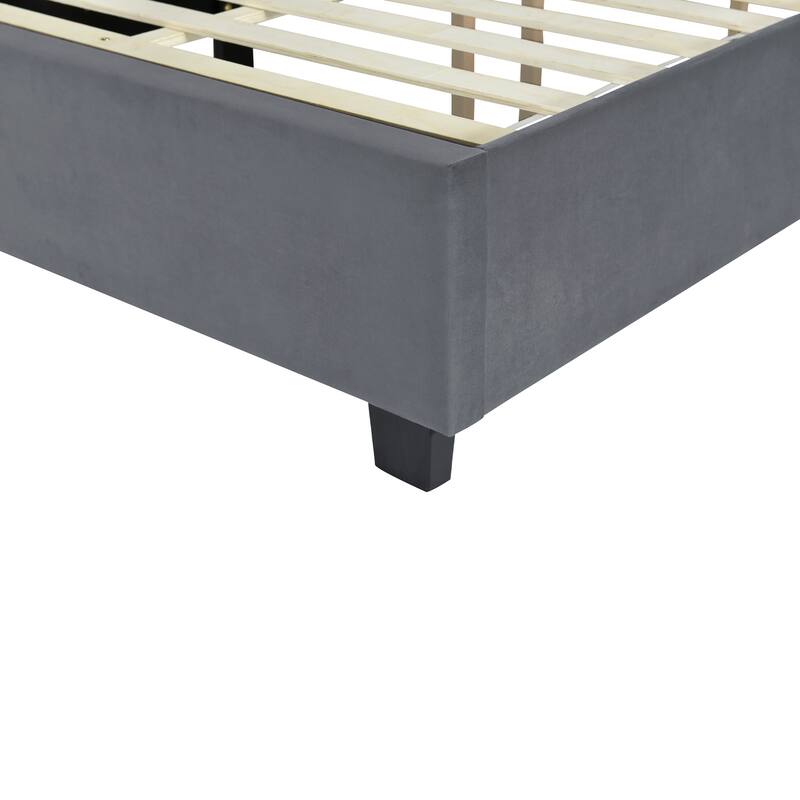 Platform Bed with Oversized Headboard, 2 Shelves, Velvet