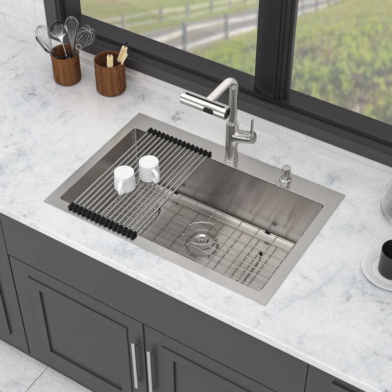 Drop-in Single Bowl 16 Gauge Stainless Steel Kitchen Sink with Pull-out Faucet