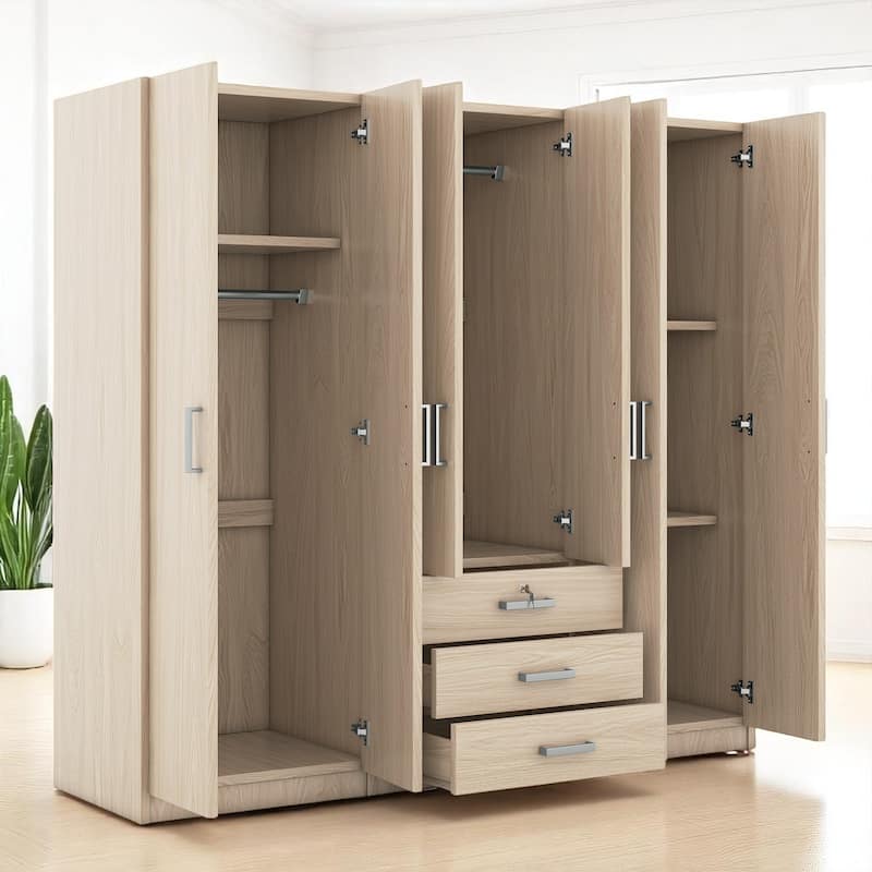Modern 6-Door Wooden Wardrobe Armoire with Shelves, Drawers, and Locking Storage for Bedroom Use