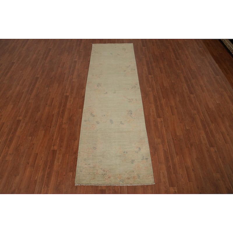 Hand Knotted Oriental 100% Wool Carpet Traditional Floral Green Ziegler Runner Rug - 10' 1'' X 3' 1''