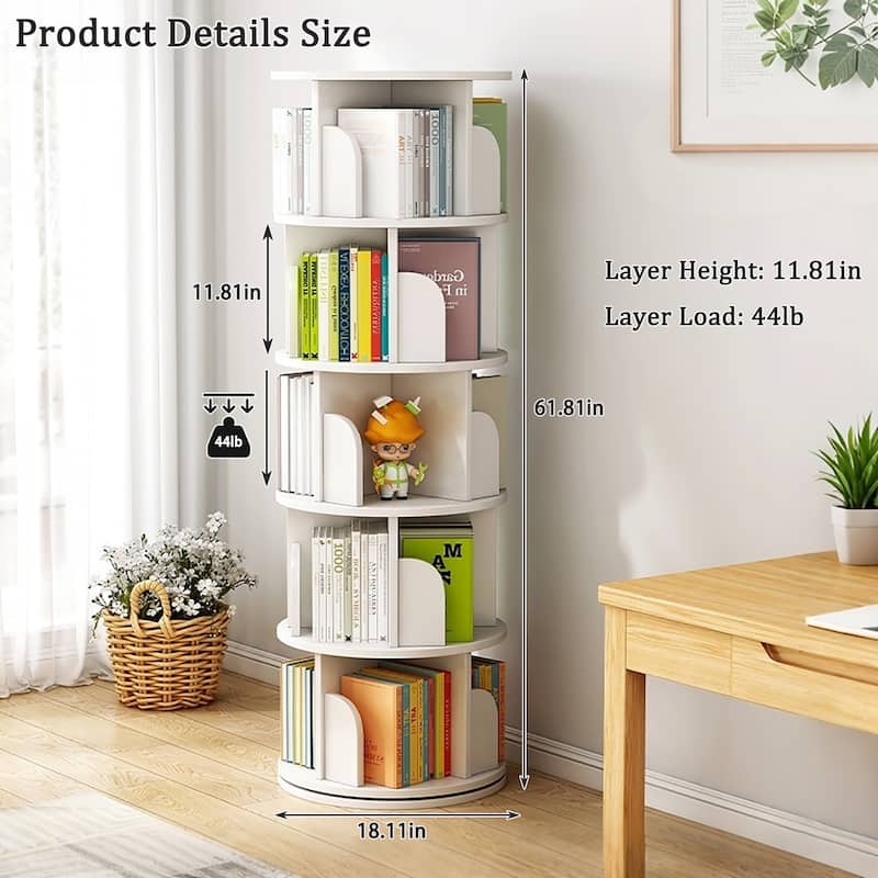 5 Tier Rotating Bookshelf, 360° Display Round Spinning Bookshelf, Space-Saving