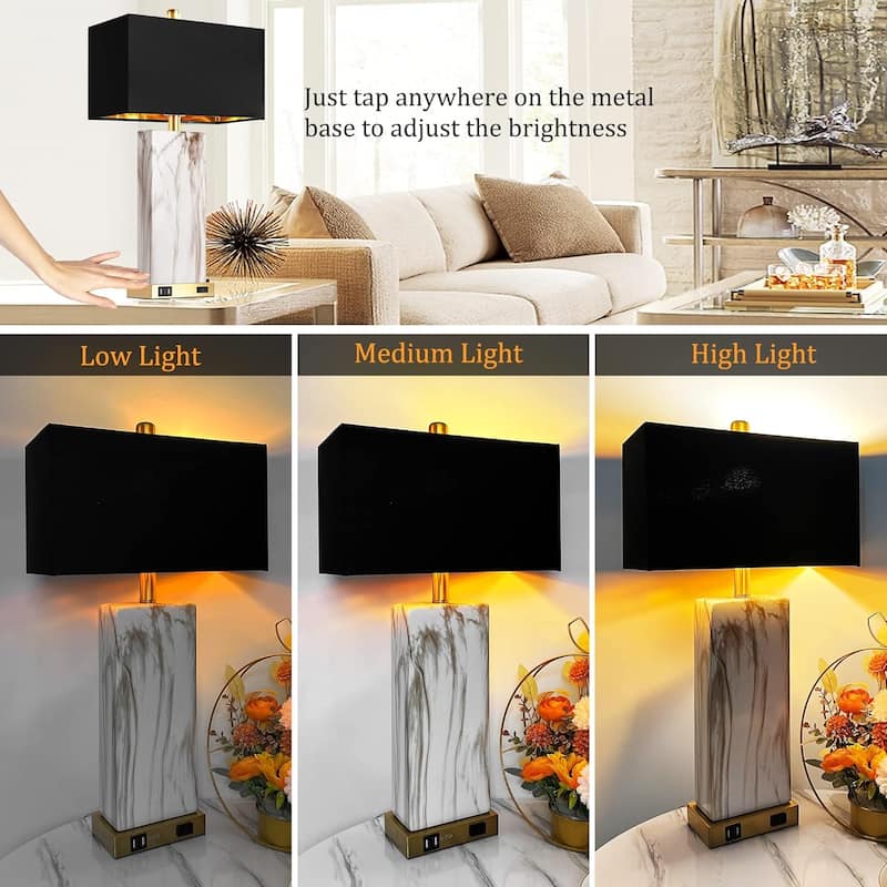 Touch Control Table Lamps Set of 2, Bedside Lamp with 2 USB Ports 1 AC Outlet, 3-Way Dimmable Lamp Shade for Living Room