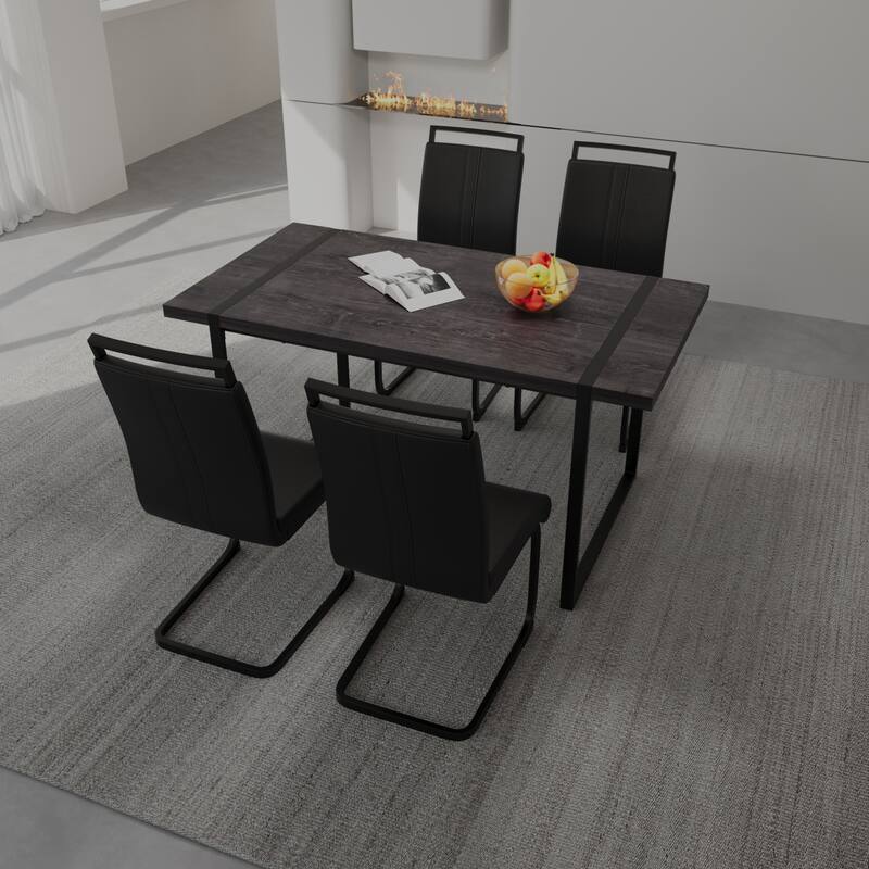 5-Piece Farmhouse Dining Set with Metal Frame, Leather Upholstered Dining Chairs Black Rectangular Side Table