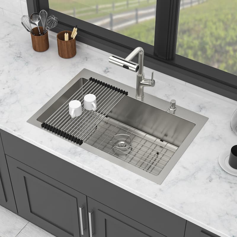 30" Drop-in Kitchen Sink Soap Dispenser 30x22x10 inch Single Bowl 16 Gauge Stainless Steel Topmount Kitchen Sink Basin