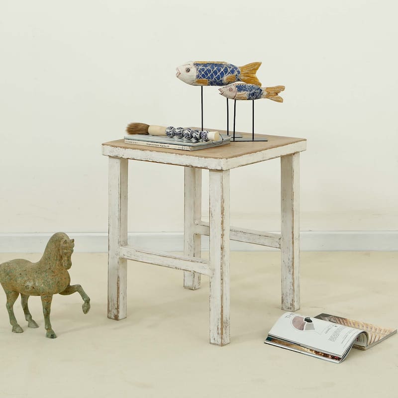 Artissance Reclaimed Wood Song Square Side Table, 24" Tall, Off White