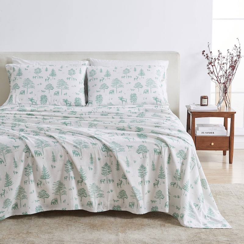 Linery & Co. Ultra-Soft Turkish Cotton Flannel Christmas Print Sheet Set - Twin - Wild Acres - Sage