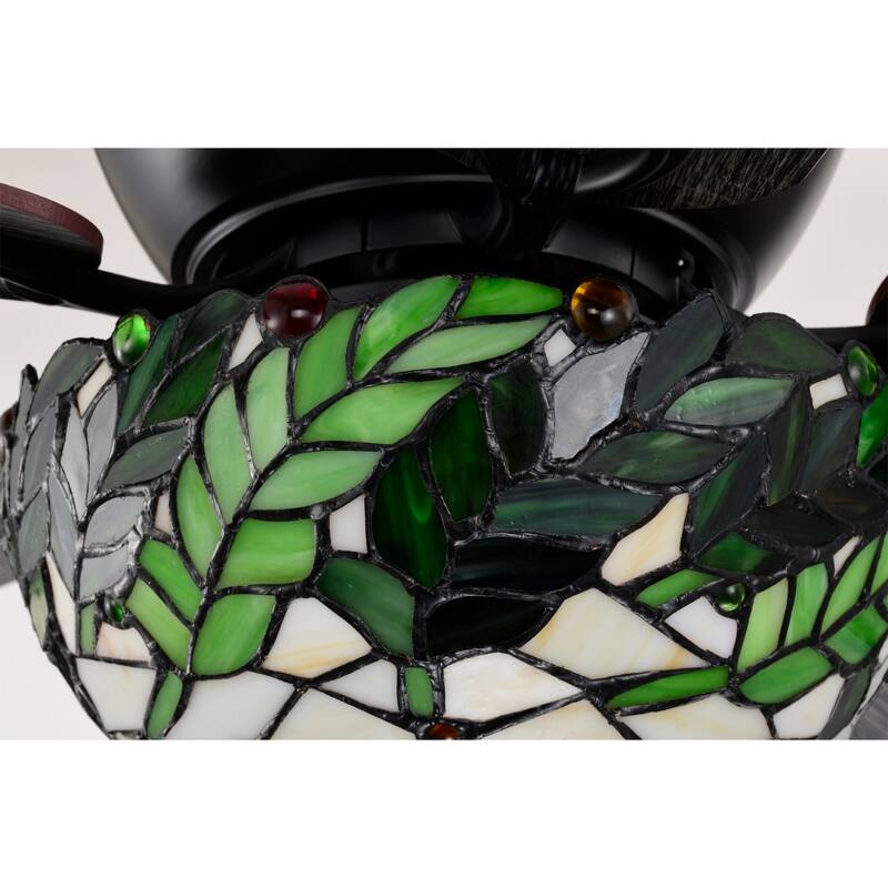 Kyemon 52-Inch Flushmount Lighted Ceiling Fan White Green Fronds Tiffany Glass Lamp Black Finish