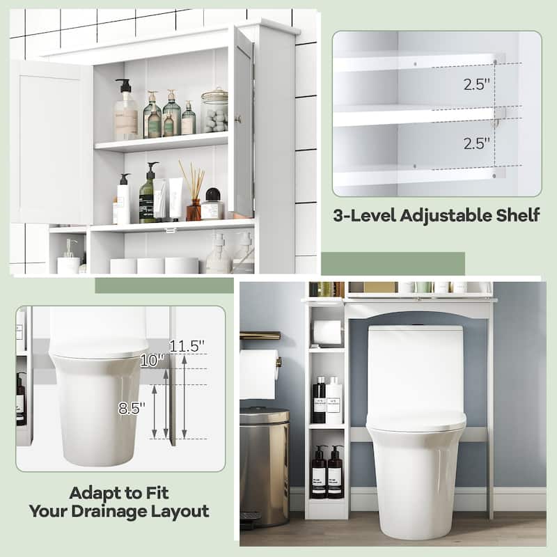 Over the Toilet Storage Cabinet with Adjustable Shelf and Bottom Bar-White - Multi