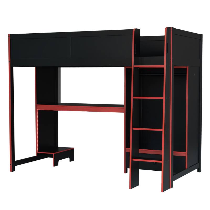 Modern Wood Gaming Loft Bed with Built-in Computer Desk, Wardrobe, LED and Drawer, Black Loft Bedframe, Space Saving Design